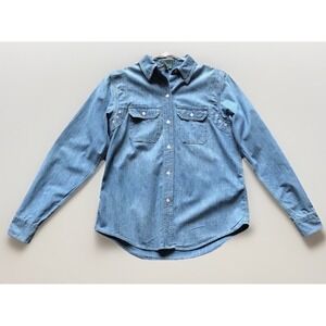 Ralph Lauren Band Collar Denim Shirt Chambray Logo Button Up M Western Utility
